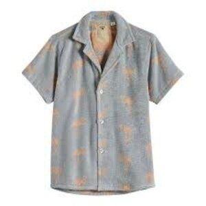 OAS men's Button UpShirt Terry Cloth Swim Coverup Gray Flamingo Print Size M